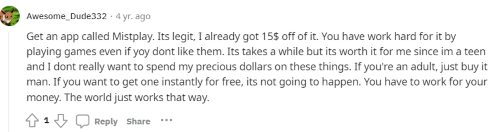 A person on Reddit suggesting Misplay as a way to earn a free $10 Google Play gift card. 