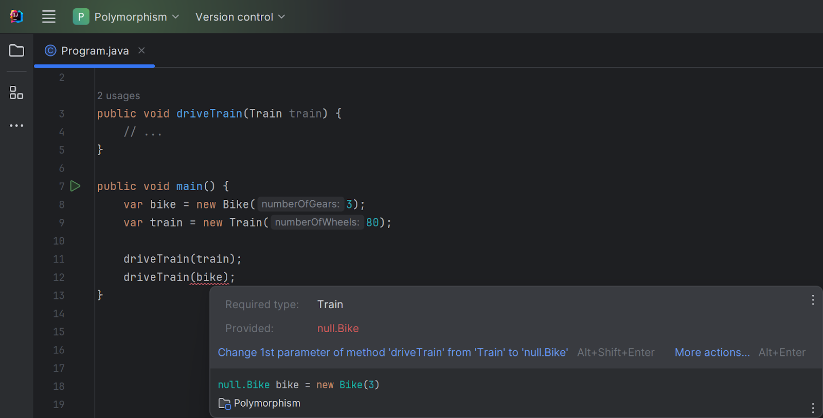 Inspection in IntelliJ IDEA shows error when invalid parameter type is passed