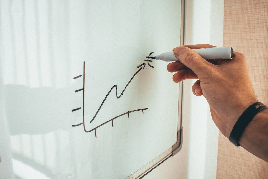 white board showing an upward graph