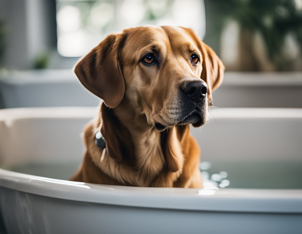 A yellow Labrador retriever inside the bathtub with water