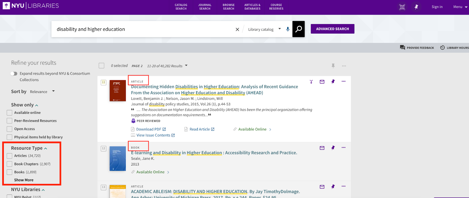 Catalog search result list for the search "disability and higher education." Two red boxes highlight that one result is an article and another is a book. Another red box highlights the Resource Type filter.