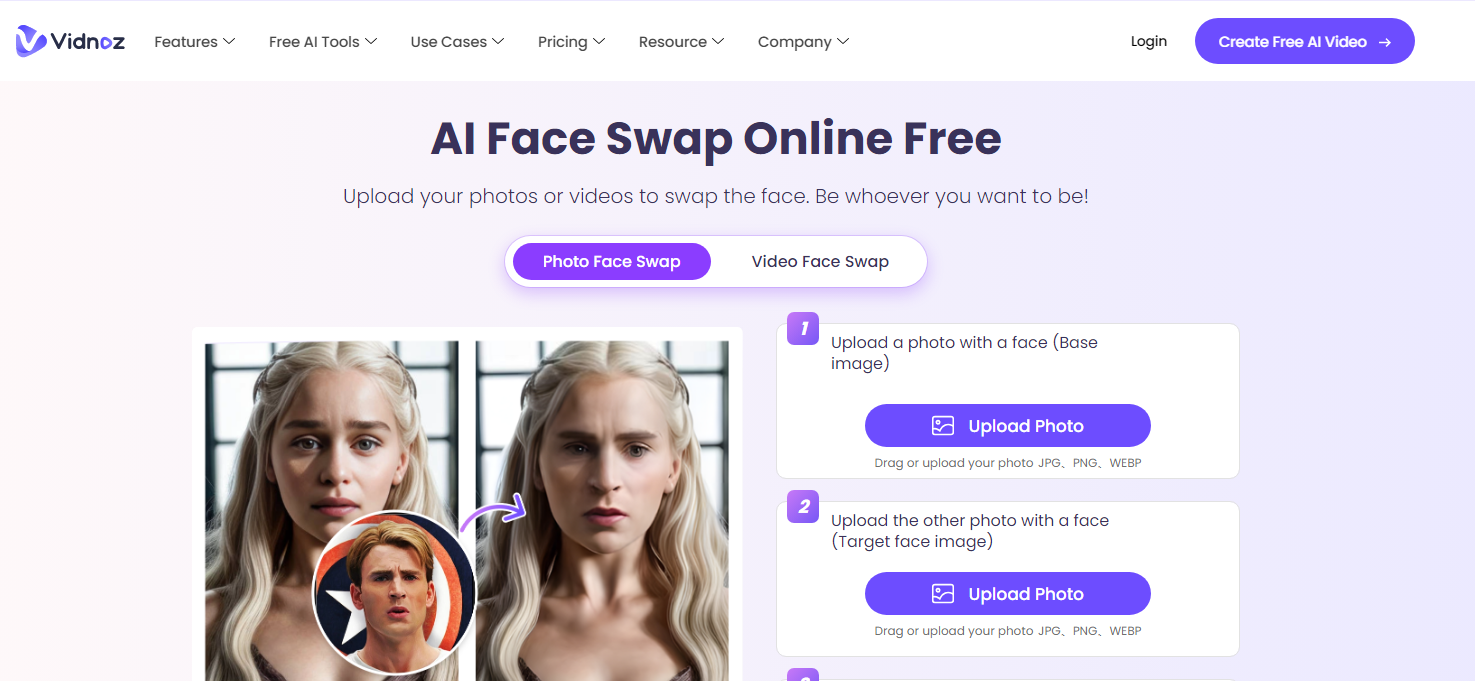 logiciels DeepNude IA : Vidnoz AI Face Swap