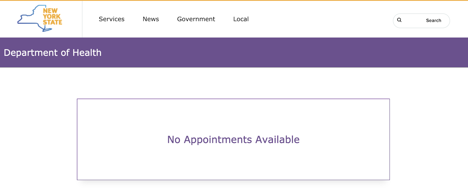 Screenshot of webpage saying "No Appointments Available"