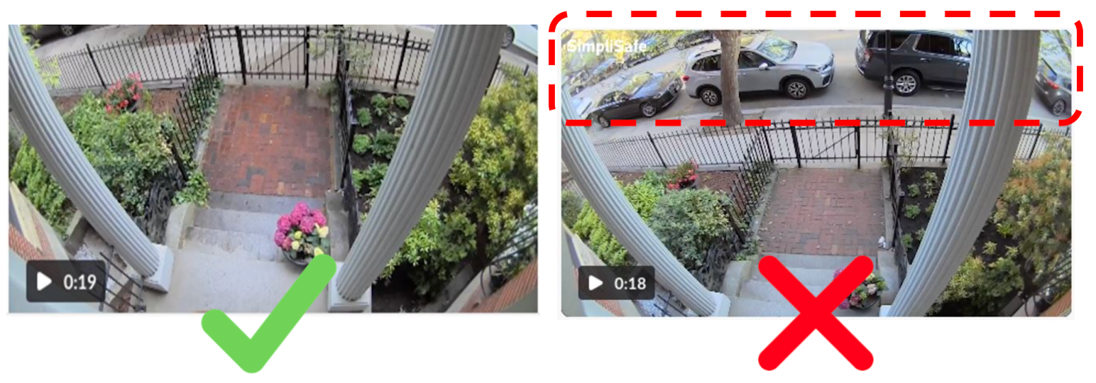 Two images of the same Outdoor Camera's field of view. The image on the left shows the camera's view without a street, the image on the right shows the camera's view including a street.