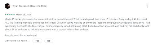 A Google Play Store Field Agent review from a user who says it's quick and easy to make money with the app. 