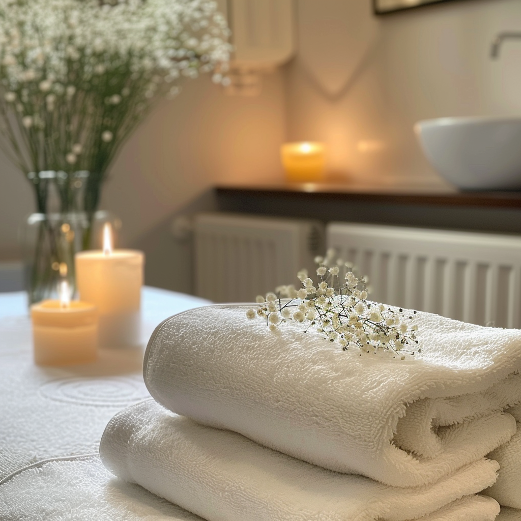 Relaxing bathroom in a home with cozy white towels, candles, and flowers setting the perfect mood for a lovely ayurvedic massage.