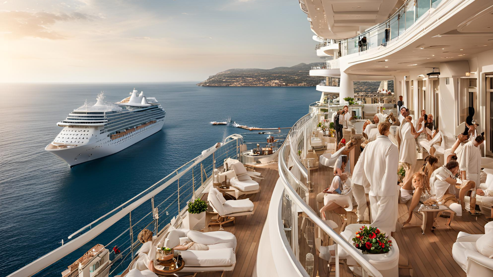 A luxurious cruise ship docked at a Mediterranean port, with guests enjoying the view from their private balconies.