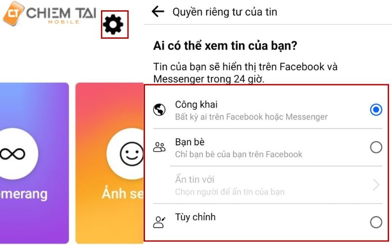 Tùy chỉnh story có 3 chế độ là "công khai", "bạn bè", "tùy chỉnh"