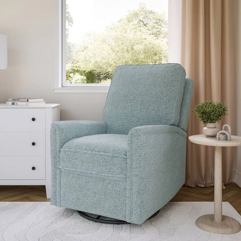 light blue recliner; swivel recliner next to a white dresser and window; aesthetic furnishing, affordable home furnishing from Ashley Furniture