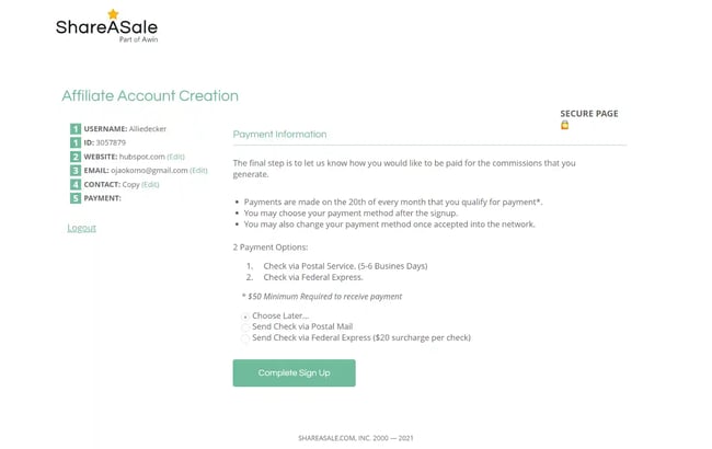 shareasale: conclude setting up your account 