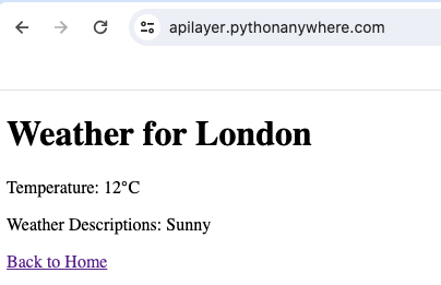 Screenshot of weather results displayed on weatherstack app created on PythonAnywhere