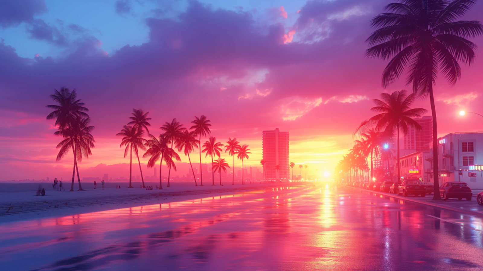 Sunset hues paint the sky over Miami Beach, framed by silhouettes of palm trees