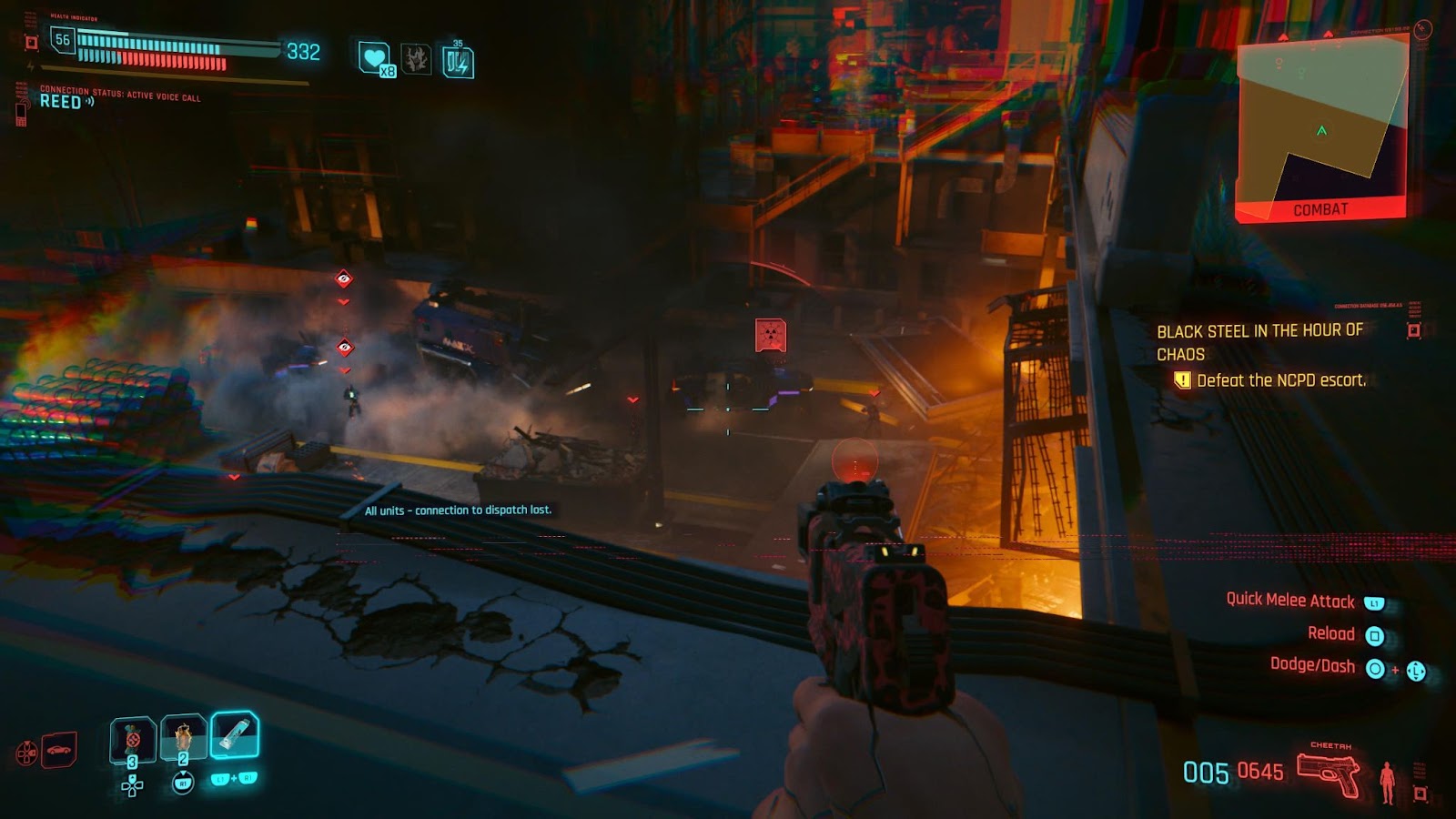 An in-game screenshot of the convoy ambush from the game Cyberpunk 2077