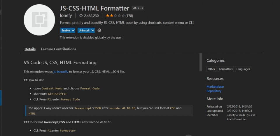 JS-CSS-HTML Formatter extension visual studio code