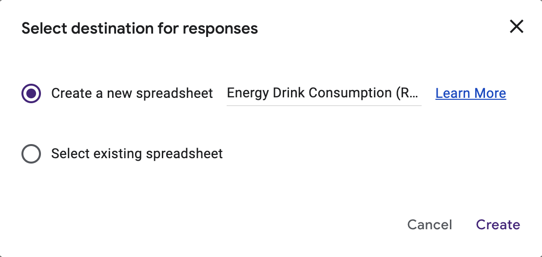 Example of select destination for responses. Create a new spreadsheet is selected