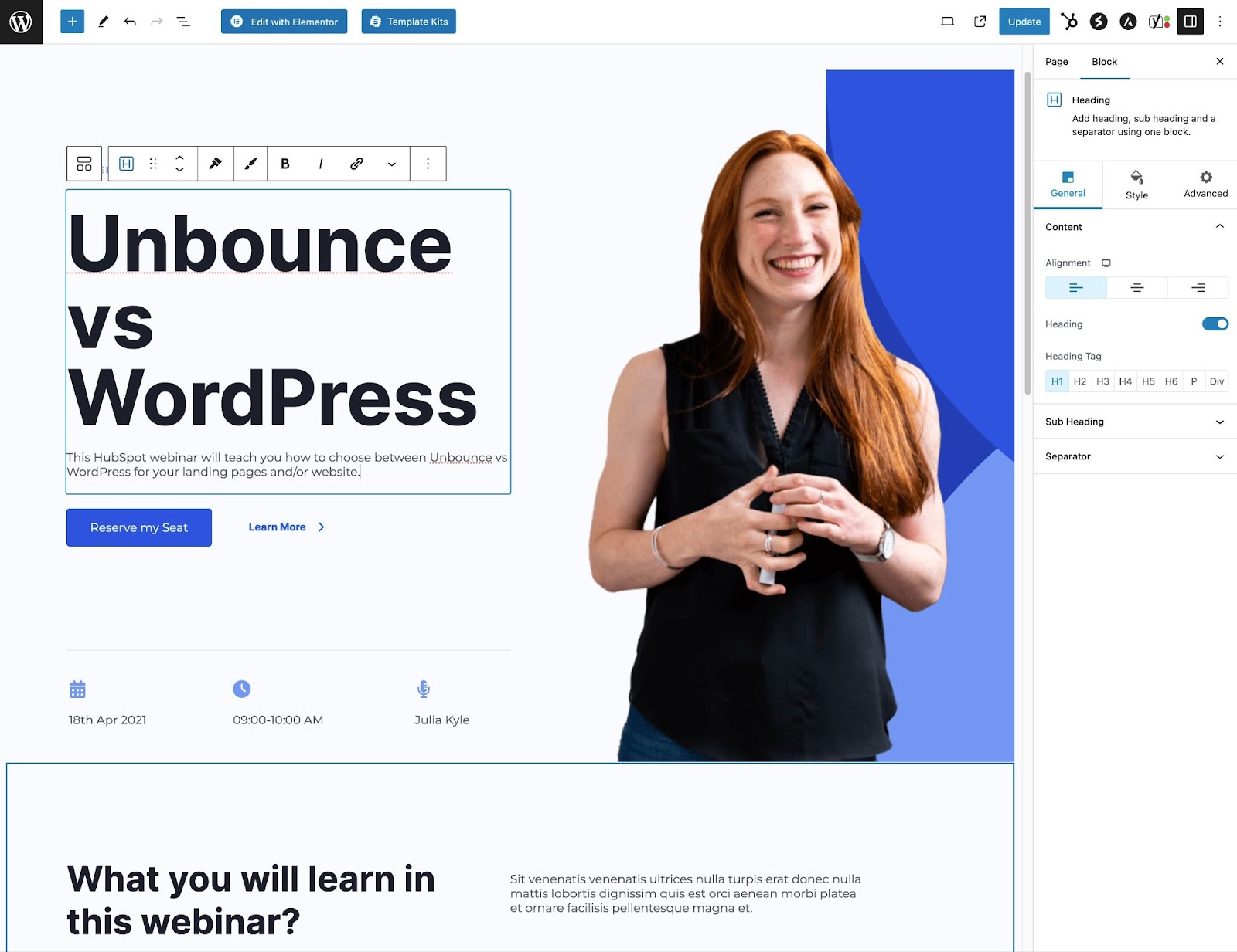 Unbounce vs WordPress, An example of editing a landing page using the native WordPress editor