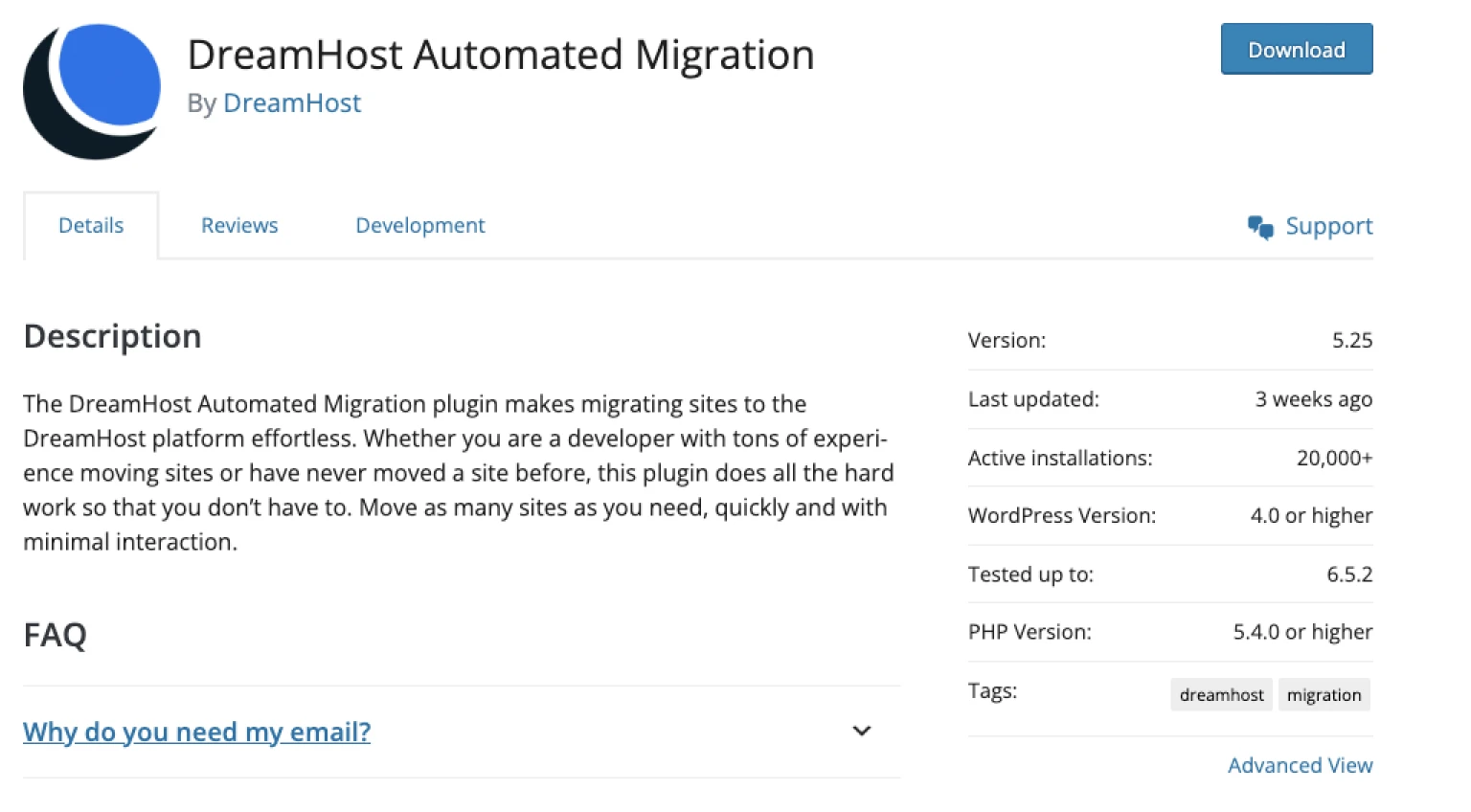 Página del plugin WP "DreamHost Automate Migration" con su descripción, preguntas frecuentes, versión, última actualización y versión de PHP.