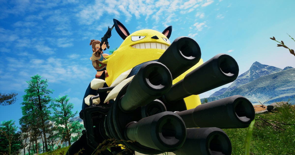 An image of the player character riding a Pal while shooting a large mini gun. 