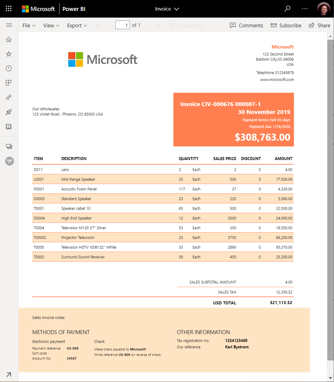 Captura de tela do relatório paginado no serviço do Power BI.