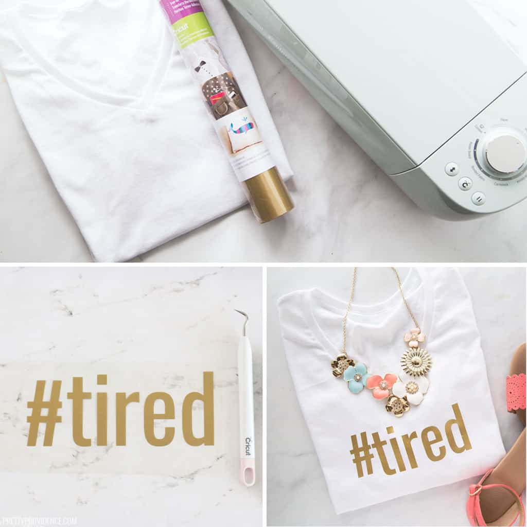 Iron-on t-shirt Cricut tutorial collage - materials needed, gold iron-on weeded, and final t-shirt with word '#tired' on it.
