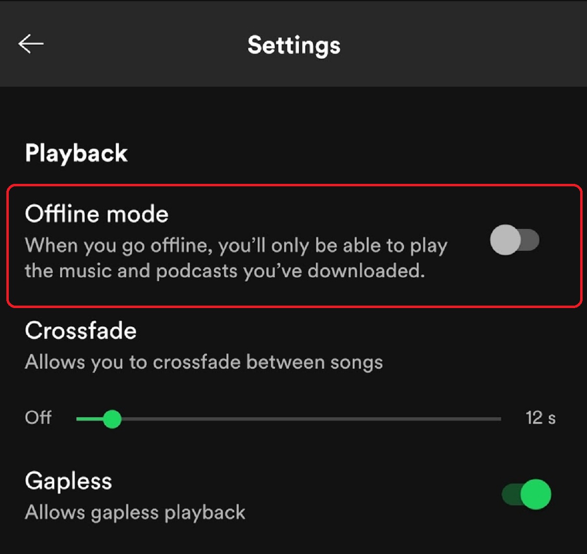 Alt=Spotify Playback settings, the Offline mode feature is highlighted in red