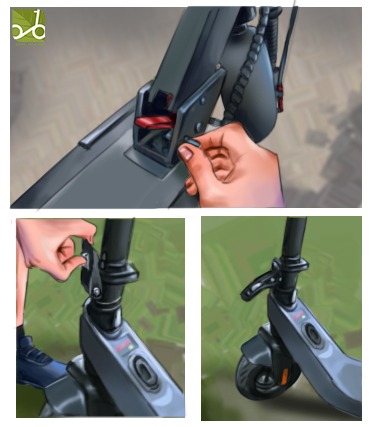 Pulling the security screw to fold the e scooter.