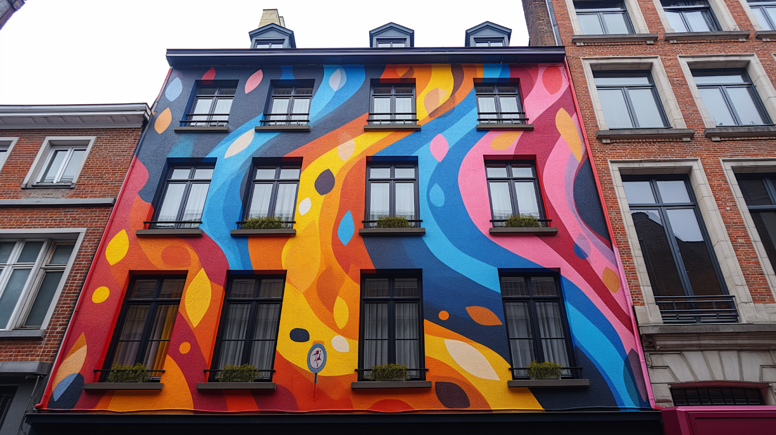 A colorful art painting on a small apartment building in Brussels