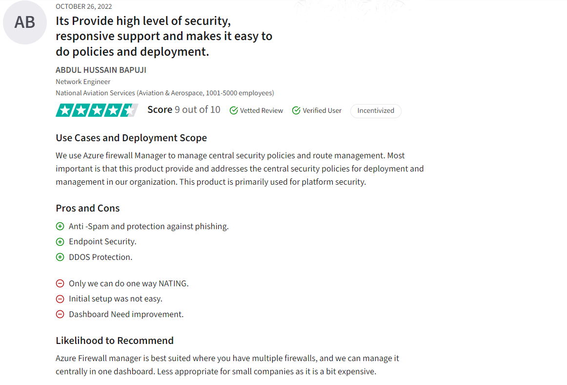This image shows a user review on Microsoft Azure, one of the top firewall management tools.