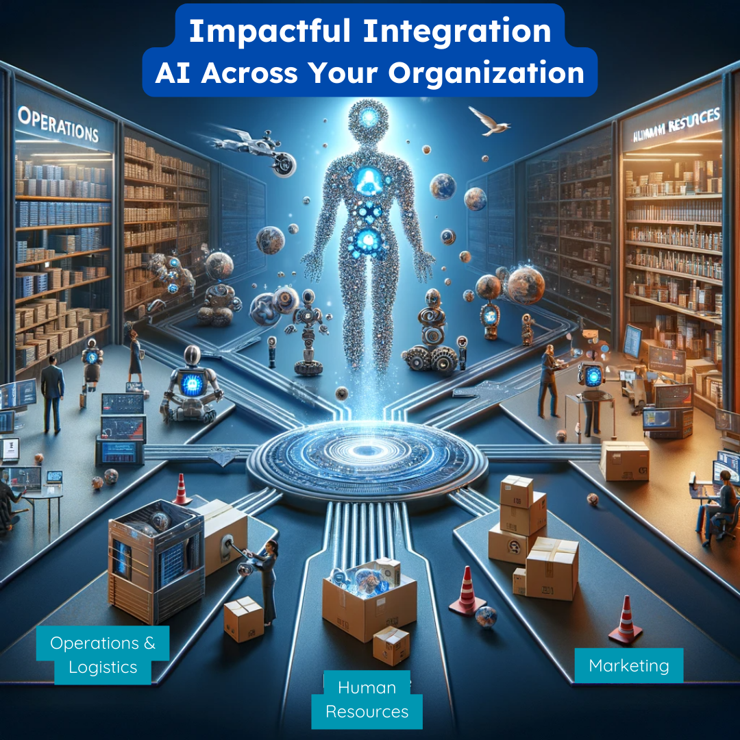  visually depicts how Artificial Intelligence is integrated into various sectors of a business, including operations & logistics, human resources, and marketing & sales. Each sector is represented to highlight the unique applications of AI in these areas.