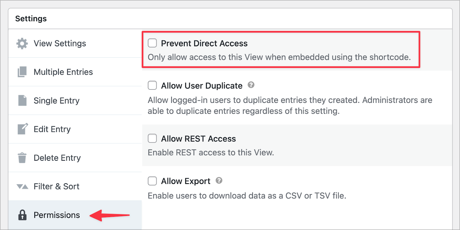 A checkbox labeled 'Prevent Direct Access' under the GravityView  'Permissions' settings