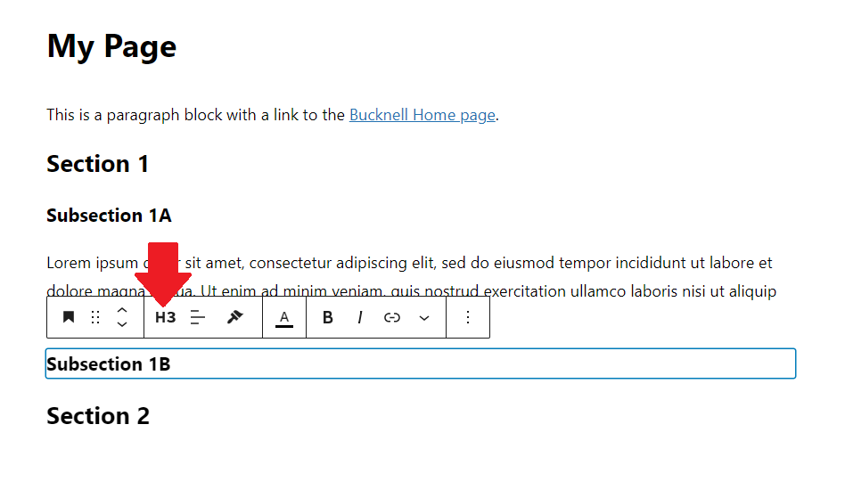 The WordPress page editor, showing a heading block and highlighting that you click on the H3 title to change the heading level.