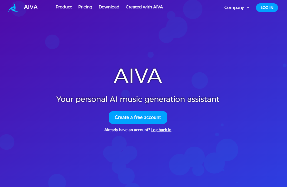 The AIVA music generator homepage.