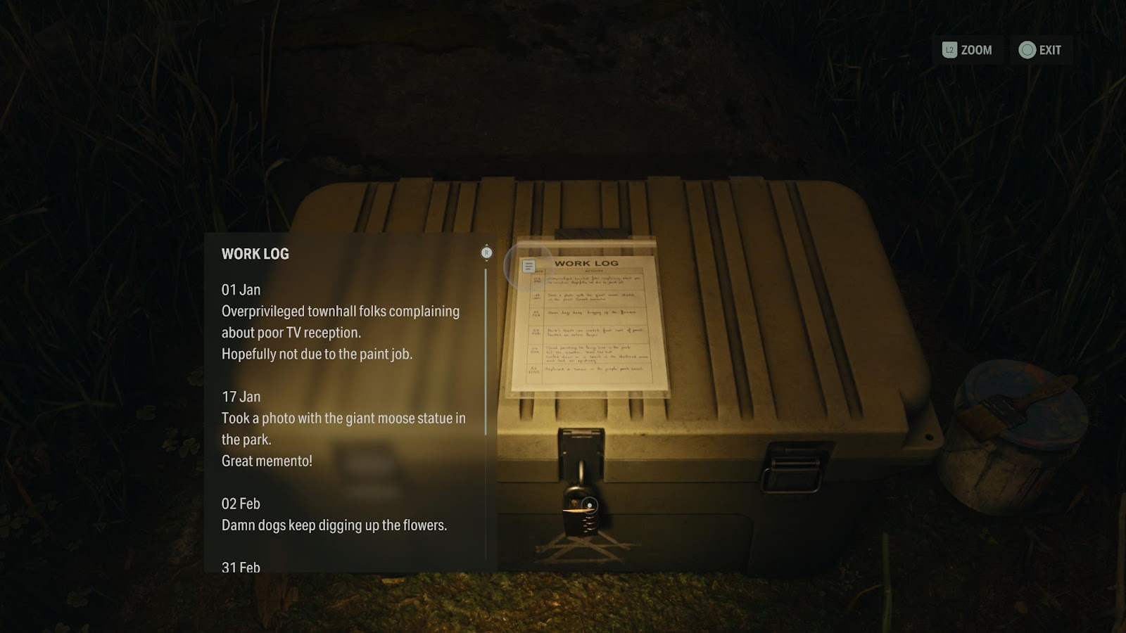 An in game screenshot of the painter's work log cult stash from Alan Wake 2 