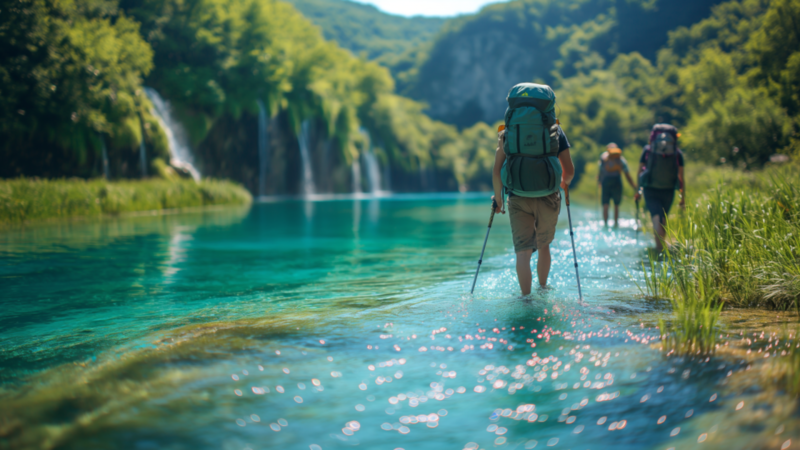 Hikers exploring the pristine beauty of Plitvice Lakes National Park during the offseason.
