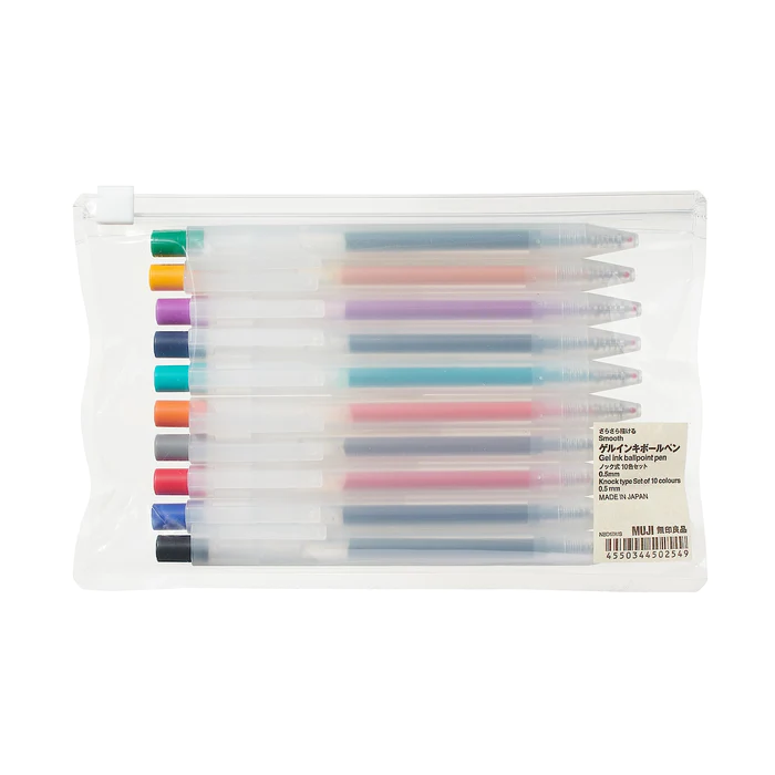 Elevate your writing experience with this set of 10 Gel Ink Knock Type Ballpoint Pens. Colors include red, orange, yellow, green, asagi, blue, purple, navy, grey, and black. Featuring an easy-to-use click-type body, these top-rated pens boast a special tip mechanism preventing ink from drying out. With water-based ink for smooth, bleed-free writing, this pen set is a must-have for stationery lovers.