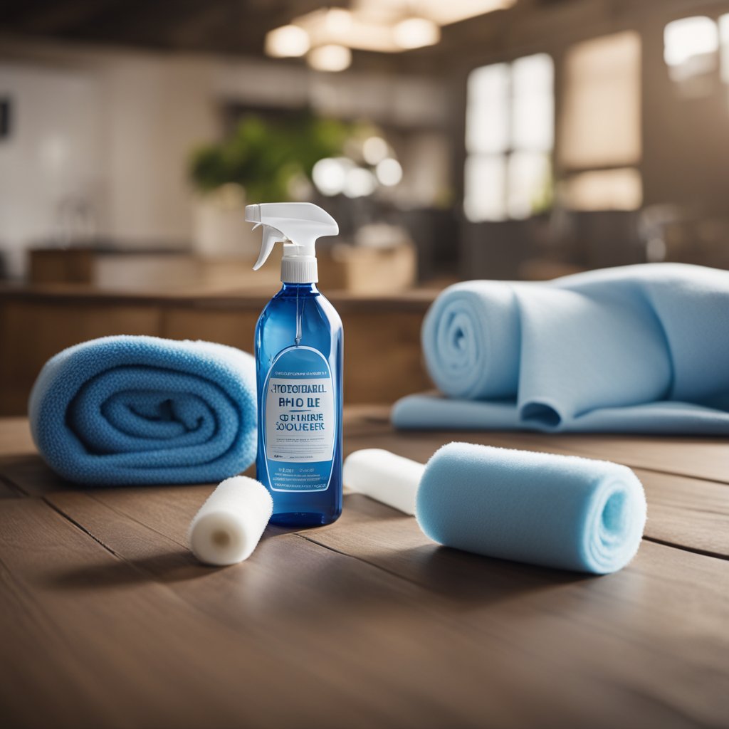 A drop shoulder t-shirt lies folded on a wooden table, surrounded by a bottle of fabric softener, a lint roller, and a care label