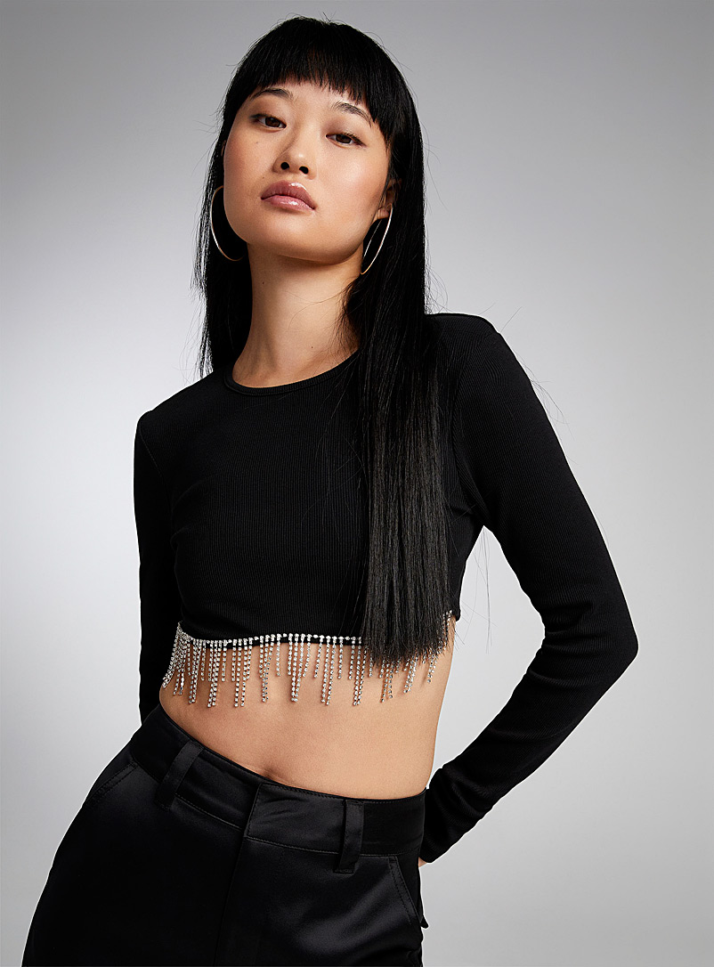 Exclusive to Twik, a diamond-fringed T-shirt crafted from fine stretch ribbed jersey in a cropped and fitted style. The pictured item is in size small.