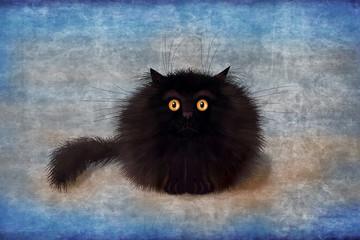 A black cat with yellow eyes

Description automatically generated