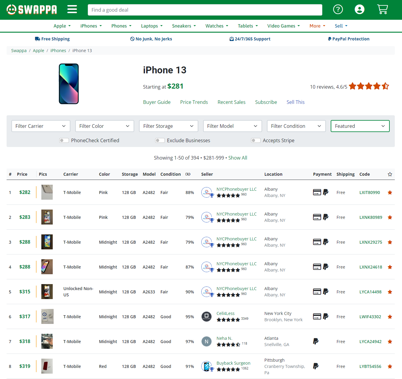 iPhone 13 listings on Swappa