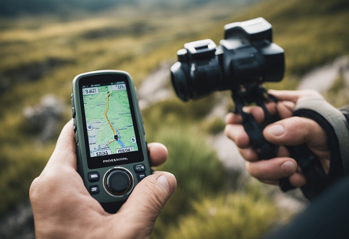 A hiker's hand holding a GPS device with detailed topographic maps and a clear satellite signal for precise navigation in rugged terrain