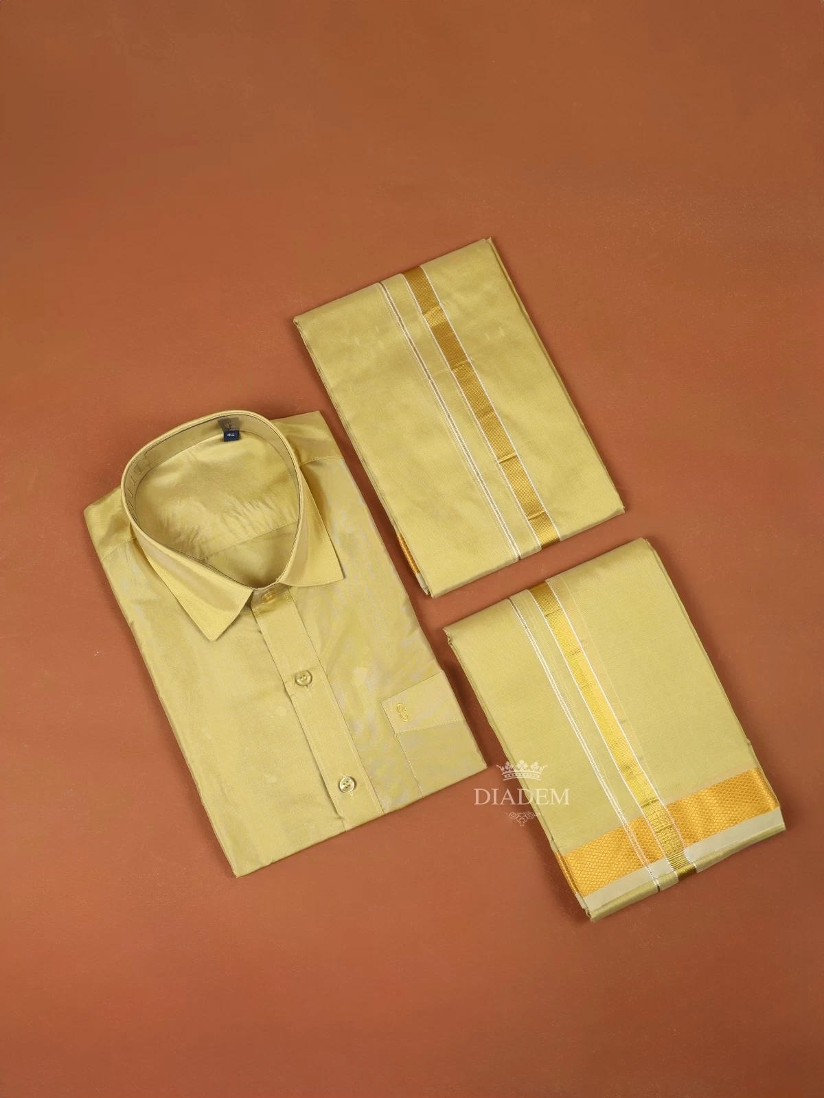 Gold Plain or Semi-Silk Full Sleeve Shirt with Dhoti for Indian Groom | Diadem