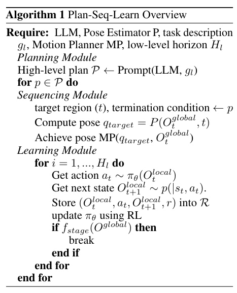 PLAN-SEQ-LEARN: A Machine Learning Method that Integrates the Long-Horizon Reasoning Capabilities of Language Models with the Dexterity of Learned Reinforcement Learning RL Policies