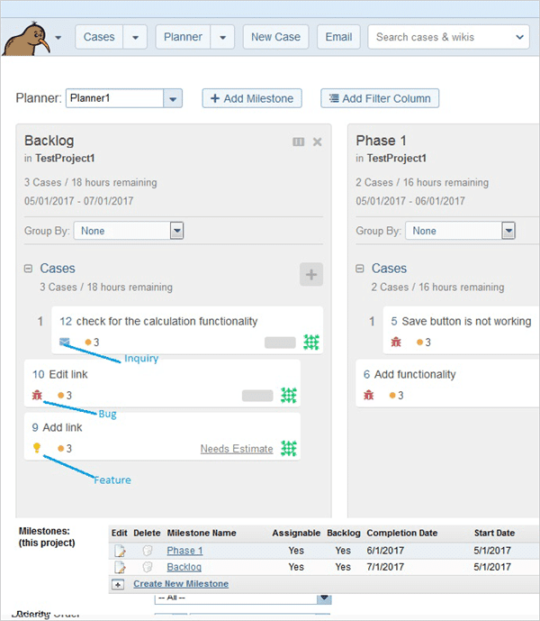 Fogbugz identifies the case as Bug, Feature, Inquiry or Schedule Item