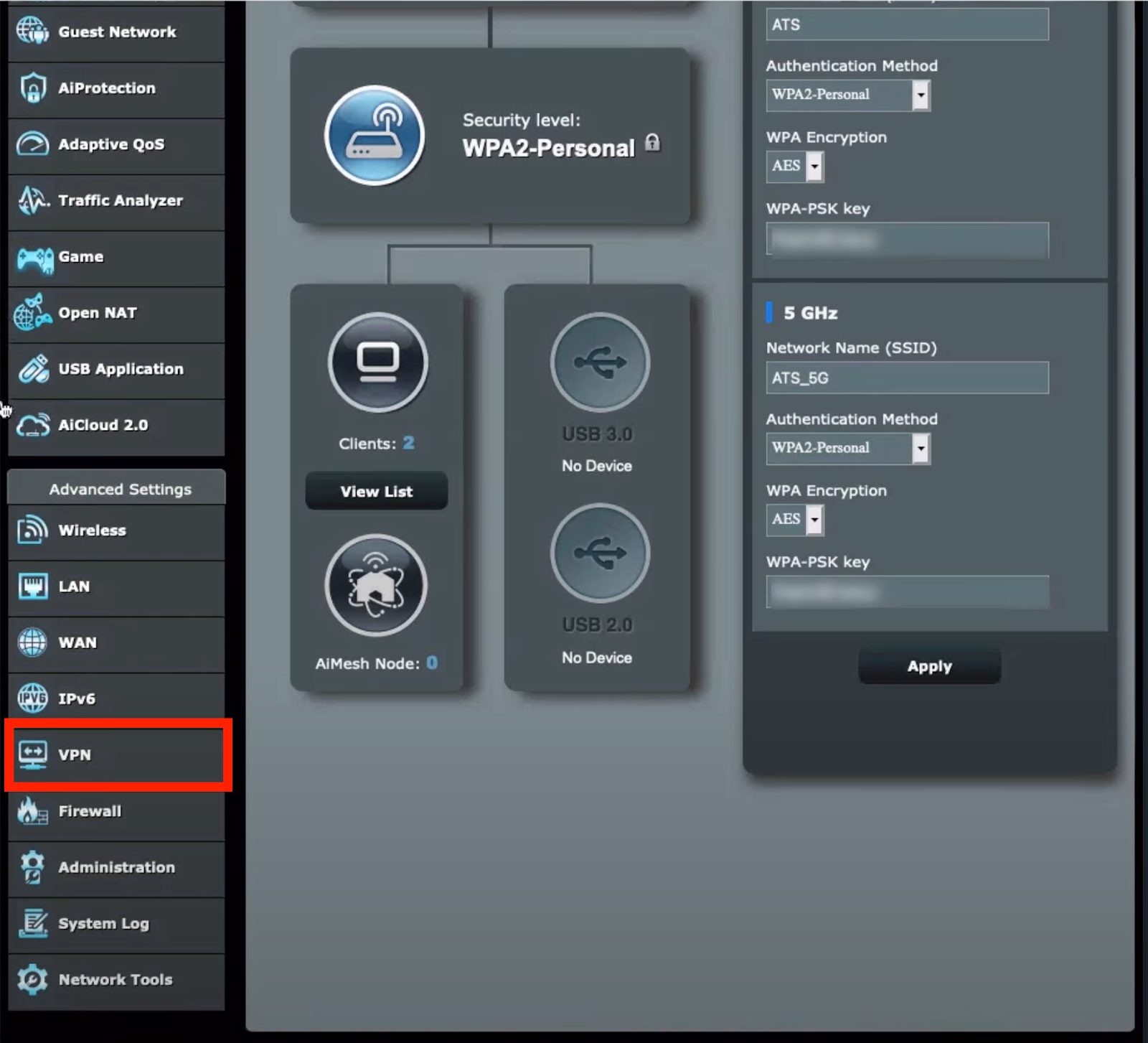 Screenshot of Asus Wi-Fi router configuration panel