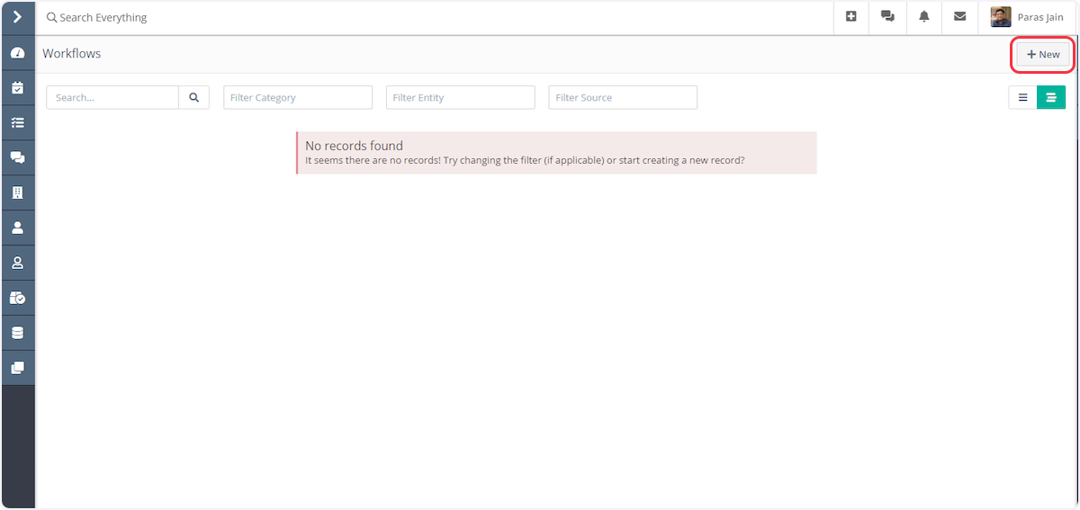 Go to the upper-right corner of the page and click the '+ New' button to create a workflow.