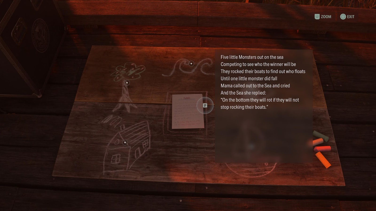 An in game screenshot of the boatyard nursery rhyme from Alan Wake 2. 