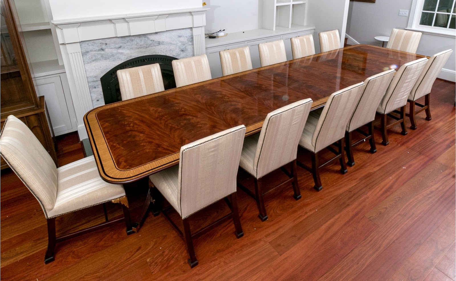 Massive Baker Banded Mahogany Extension Dining Table with 14 Dining Chairs