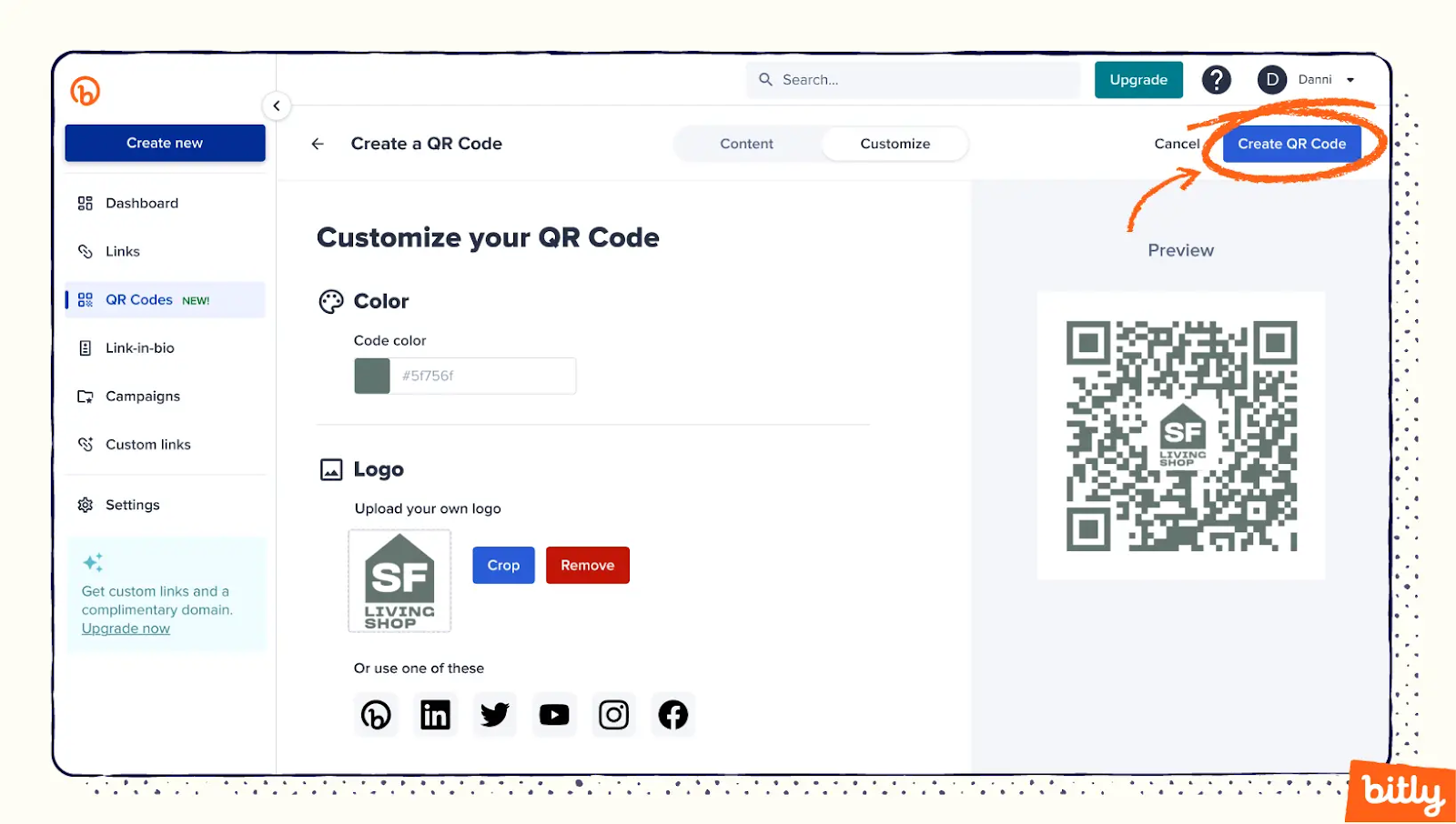 A screenshot showing where you can click to create the QR Code after customization