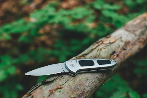 Free A Stainless Knife on a Wooden Log Stock Photo