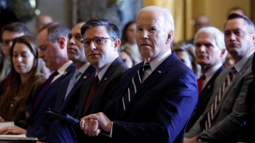 U.S. President Joe Biden, U.S. House of Representatives Democratic leader Hakeem Jeffries (D-NY) and U.S. House Speaker Mike Johnson (R-LA) attend the annual National Prayer Breakfast at the U.S. Capi